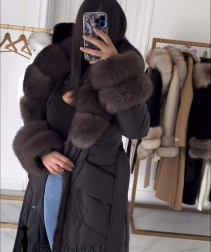 Black long parka coat with dark brown fur