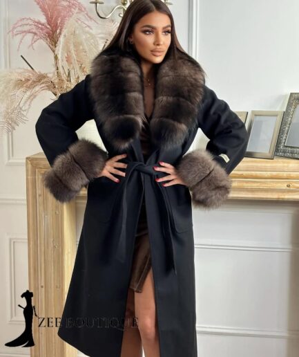 Black and brown cashmere coat with fox fur