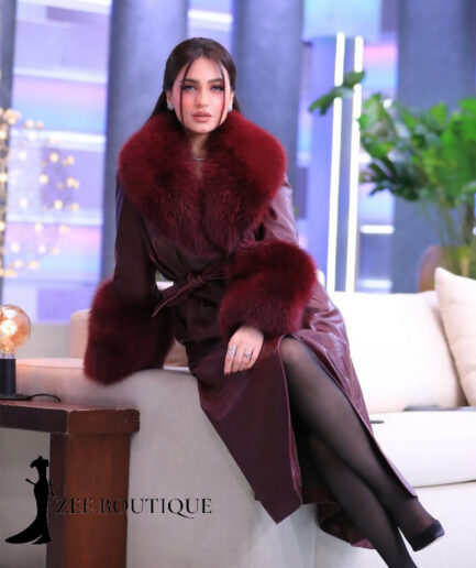 Burgundy long leather cost with fox fur