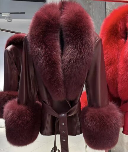 Burgundy short leather with fox fur