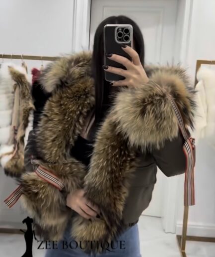Green short Parka with racoon details