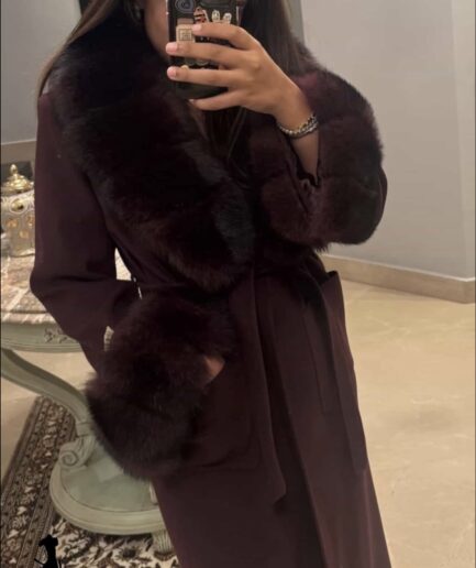 Burgendy long cashmere coat with fox details (Copy)