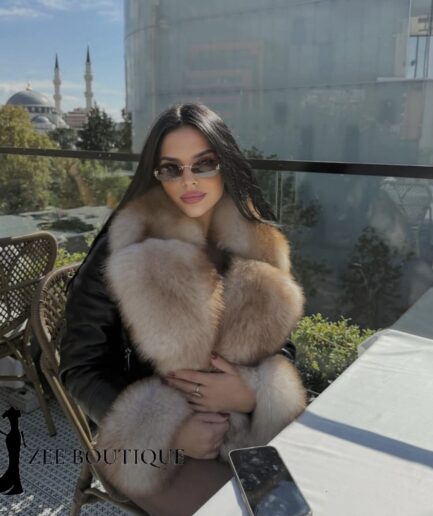 All Black short leather jacket with natural fur