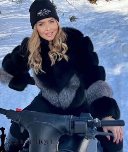 Black fox fur jacket with grey natural fur