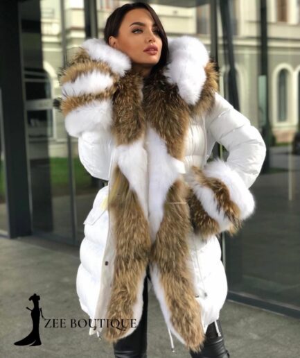 Luxury white parka with Finland fox fur details