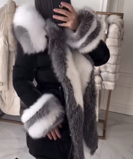 Black shiny parka with fox fur details