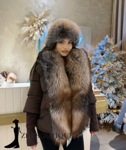 Brown parka jacket with natural argentina fox fur