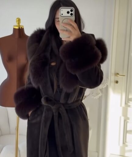 Luxury brown alcantra coat with fox fur