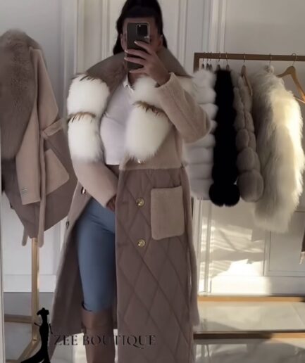 Luxury long alcantra coat with natural fox fur details